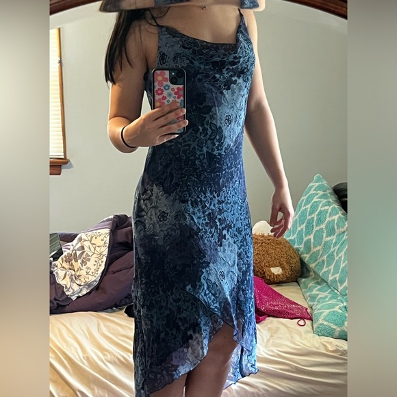 Vintage Midi Asymmetrical Cowl Neck Dress Size 2 Blue Pattern - Picture 1 of 10